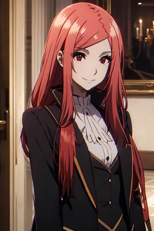 Mary in an elegant leotard, tailcoat, red eyes, red hair, long hair, calm smile