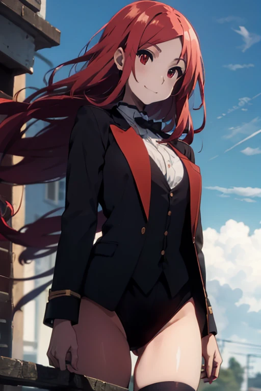 Mary in an elegant leotard, tailcoat, red eyes, red hair, long hair, calm smile