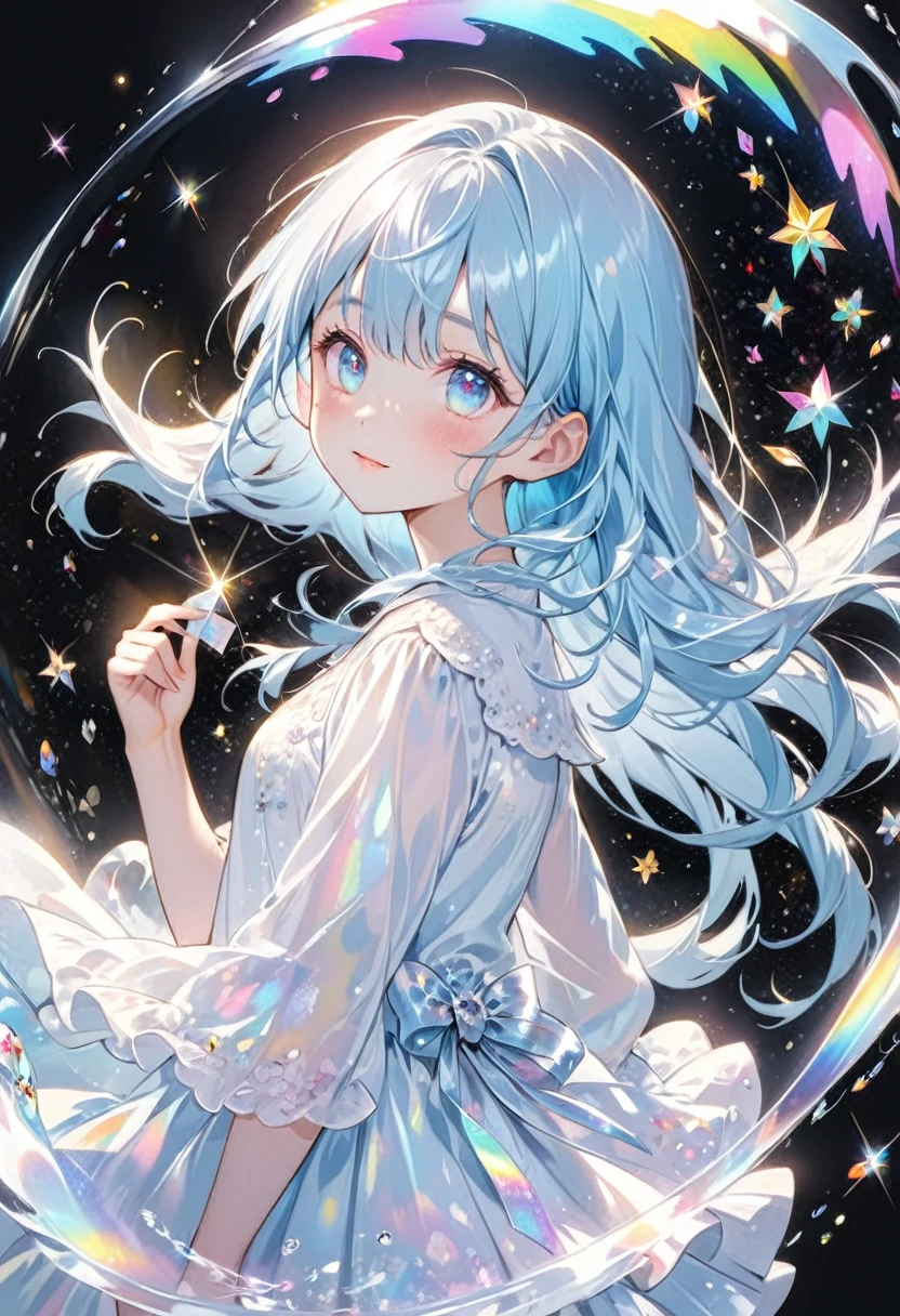 (illustration, official art:1.1), 1 girl ,(((( light blue hair)))), ,(((( light blue long hair)))),light blue hair, ,((blush)) , cute face, big eyes, masterpiece, best quality,(((((a very delicate and beautiful girl))))),Amazing,beautiful detailed eyes,blunt bangs((((little delicate girl)))),(((tareme))),droopy eyes.(true beautiful:1.2), sense of depth,dynamic angle,,,, affectionate smile, (true beautiful:1.2),,(tiny 1girl model:1.2),A high-quality hologram card depicting an anime-style girl, with glitter, mother-of-pearl, and a black background around the card, clear coloring, and colorful