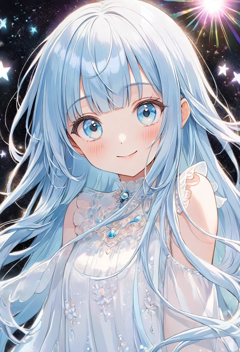 (illustration, official art:1.1), 1 girl ,(((( light blue hair)))), ,(((( light blue long hair)))),light blue hair, ,((blush)) , cute face, big eyes, masterpiece, best quality,(((((a very delicate and beautiful girl))))),Amazing,beautiful detailed eyes,blunt bangs((((little delicate girl)))),(((tareme))),droopy eyes.(true beautiful:1.2), sense of depth,dynamic angle,,,, affectionate smile, (true beautiful:1.2),,(tiny 1girl model:1.2),A high-quality hologram card depicting an anime-style girl, with glitter, mother-of-pearl, and a black background around the card, clear coloring, and colorful