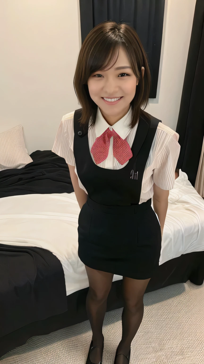 Best Quality、8k、masterpiece、Ultra-high resolution、Clear photo、Professional Lighting、Natural Light、Realistic,、Highly detailed skin、Perfect Anatomy、One Woman、Age 30、(Large Breasts)、Short Bob Hair、Brown Hair、Beautiful Hair、smile、(Squint your eyes and laugh:1.2)、((Star Uniform:1.1))、(Black vest、Short sleeve shirt、Red ribbon、tight black pencil skirt)、((Black Pantyhose))、In a luxury hotel bedroom、Sit on the bed、(((Full Body Shot:1.1)))