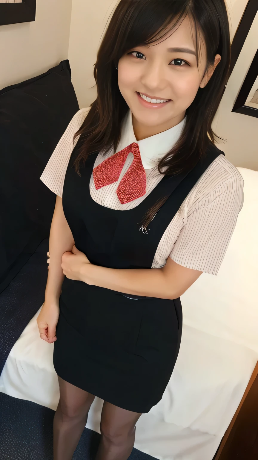 Best Quality、8k、masterpiece、Ultra-high resolution、Clear photo、Professional Lighting、Natural Light、Realistic,、Highly detailed skin、Perfect Anatomy、One Woman、Age 30、(Large Breasts)、Short Bob Hair、Brown Hair、Beautiful Hair、smile、(Squint your eyes and laugh:1.2)、((Star Uniform:1.1))、(Black vest、Short sleeve shirt、Red ribbon、tight black pencil skirt)、((Black Pantyhose))、In a luxury hotel bedroom、Sit on the bed、(((Full Body Shot:1.1)))