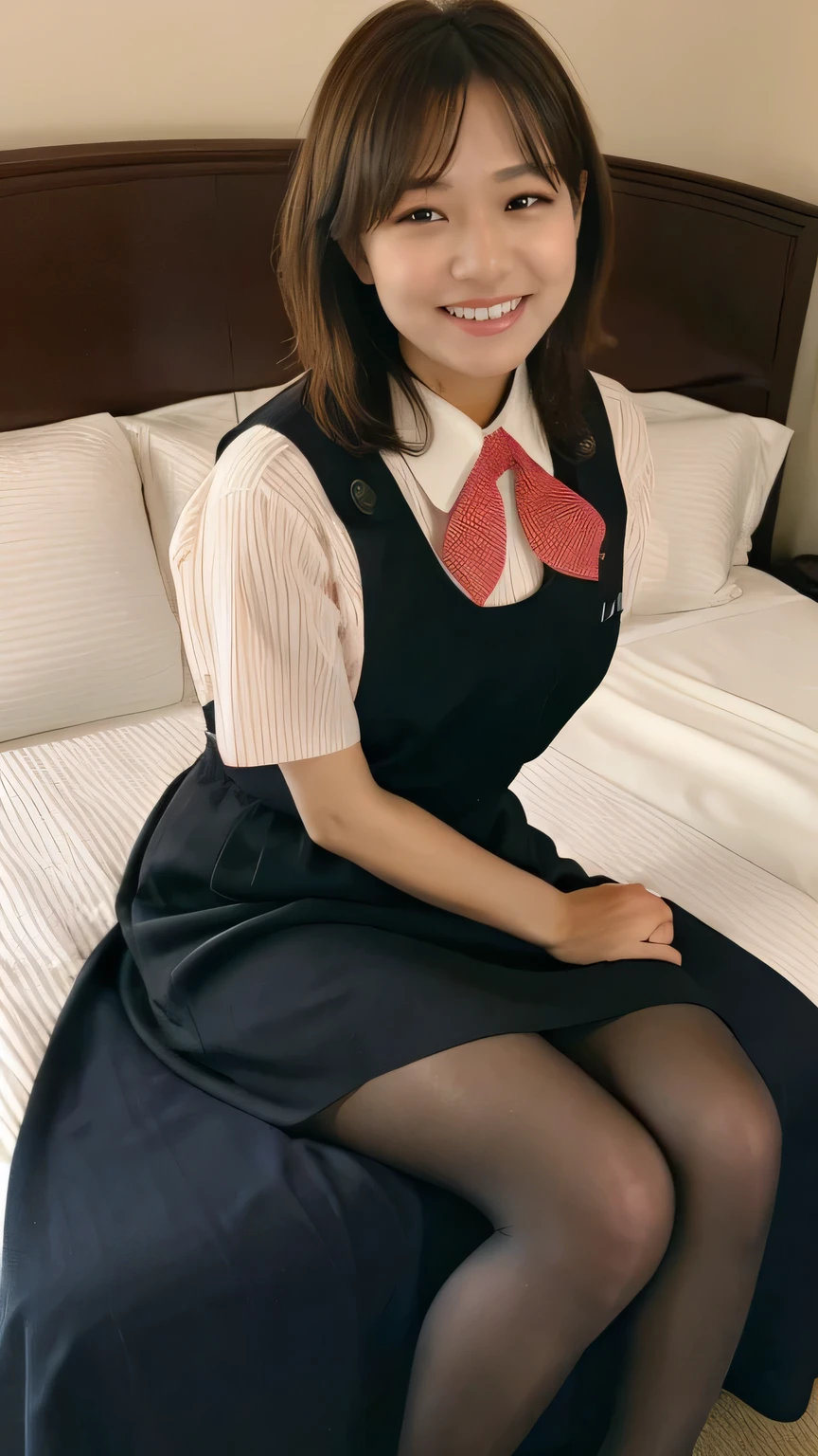 Best Quality、8k、masterpiece、Ultra-high resolution、Clear photo、Professional Lighting、Natural Light、Realistic,、Highly detailed skin、Perfect Anatomy、One Woman、Age 30、(Large Breasts)、Short Bob Hair、Brown Hair、Beautiful Hair、smile、(Squint your eyes and laugh:1.2)、((Star Uniform:1.1))、(Black vest、Short sleeve shirt、Red ribbon、tight black pencil skirt)、((Black Pantyhose))、In a luxury hotel bedroom、((Sit on the bed))、(((Full Body Shot:1.1)))