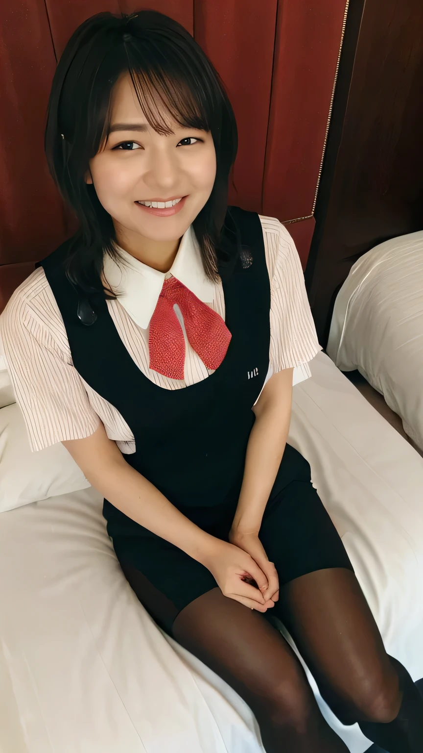 Best Quality、8k、masterpiece、Ultra-high resolution、Clear photo、Professional Lighting、Natural Light、Realistic,、Highly detailed skin、Perfect Anatomy、One Woman、Age 30、(Large Breasts)、Short Bob Hair、Brown Hair、Beautiful Hair、smile、(Squint your eyes and laugh:1.2)、((Star Uniform:1.1))、(Black vest、Short sleeve shirt、Red ribbon、tight black pencil skirt)、((Black Pantyhose))、In a luxury hotel bedroom、((Sit on the bed))、(((Full Body Shot:1.1)))