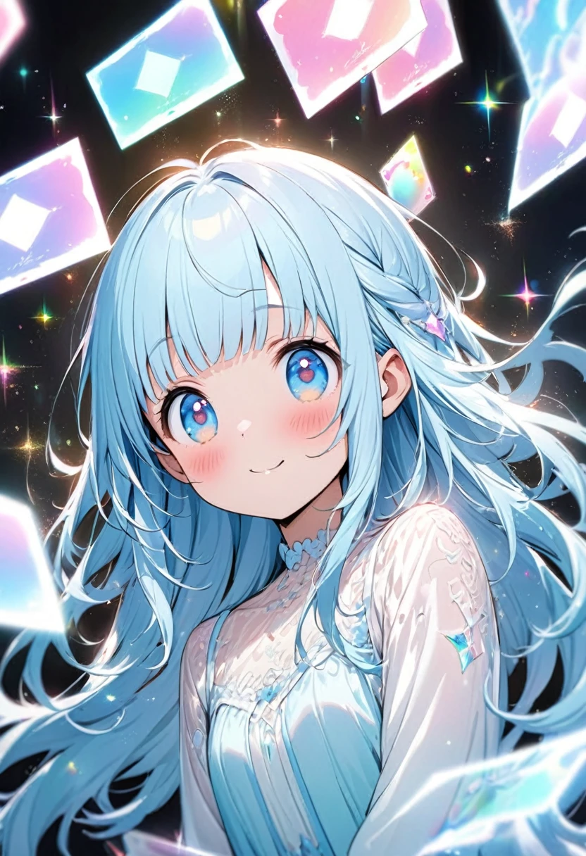 (illustration, official art:1.1), 1 girl ,(((( light blue hair)))), ,(((( light blue long hair)))),light blue hair, ,((blush)) , cute face, big eyes, masterpiece, best quality,(((((a very delicate and beautiful girl))))),Amazing,beautiful detailed eyes,blunt bangs((((little delicate girl)))),(((tareme))),droopy eyes.(true beautiful:1.2), sense of depth,dynamic angle,,,, affectionate smile, (true beautiful:1.2),,(tiny 1girl model:1.2),A high-quality hologram card depicting an anime-style girl, with glitter, mother-of-pearl, and a black background around the card, clear coloring, and colorful