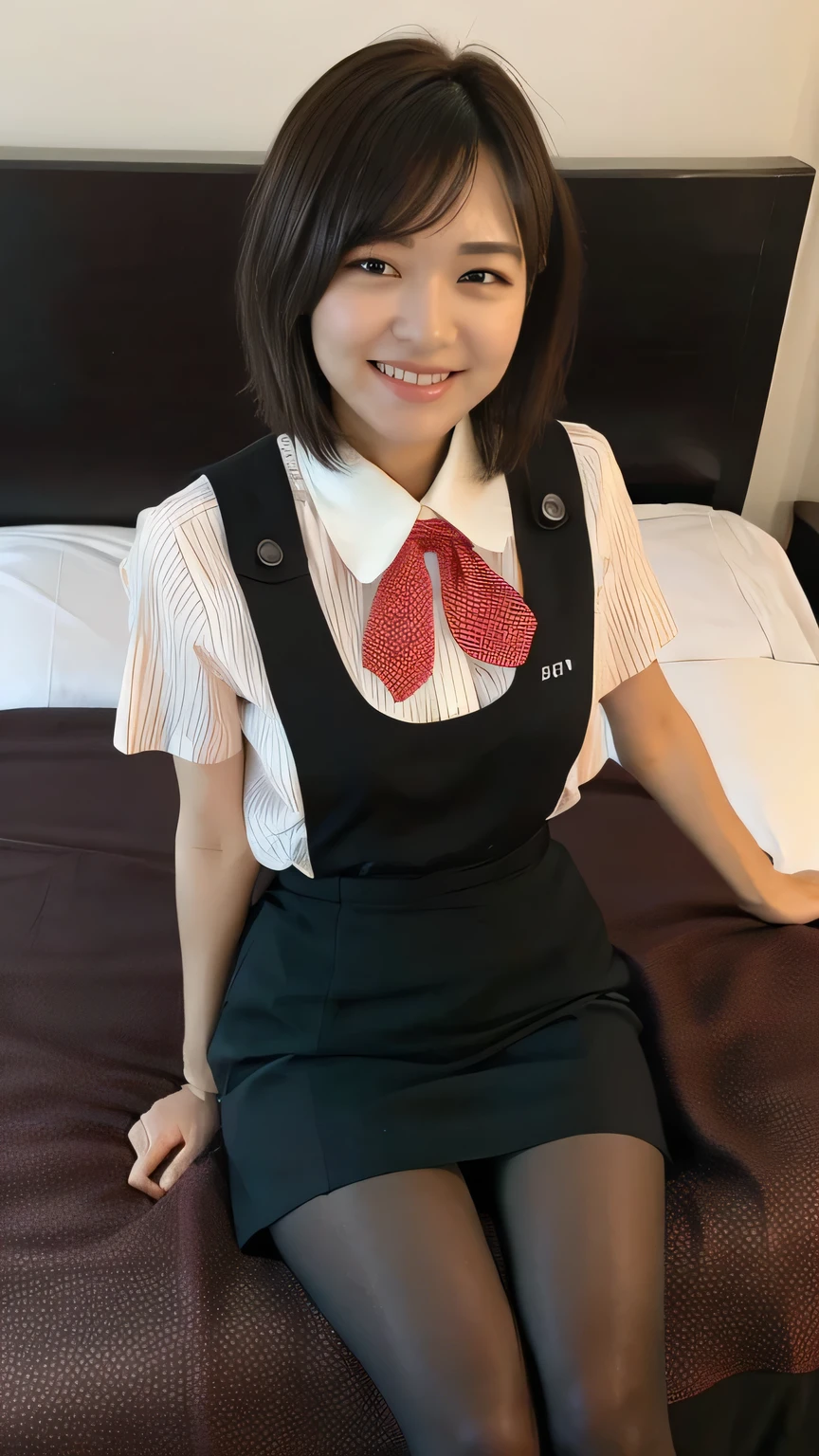 Best Quality、8k、masterpiece、Ultra-high resolution、Clear photo、Professional Lighting、Natural Light、Realistic,、Highly detailed skin、Perfect Anatomy、One Woman、Age 30、(Large Breasts)、Short Bob Hair、Brown Hair、Beautiful Hair、smile、(Squint your eyes and laugh:1.2)、((Star Uniform:1.1))、(Black vest、Short sleeve shirt、Red ribbon、tight black pencil skirt)、((Black Pantyhose))、In a luxury hotel bedroom、((Sit on the bed))、(((Full Body Shot:1.1)))