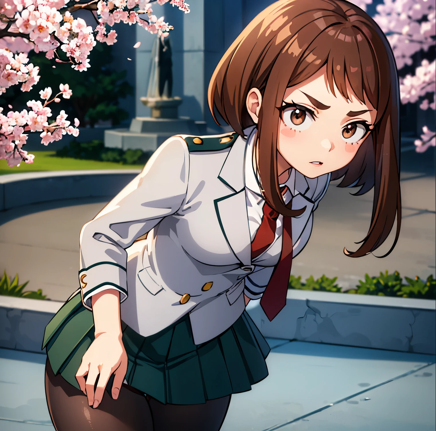 ((1girl)),((alone)),ochako Uraraka, \(Boku no hero academia\),(masterpiece), (best quality), (ultra detailed), (best illustration), (best shadow), ( absurdities), sharp focus, cowboy shot, atmospheric perspective, depth of field, dynamic posture, ((looking at viewer)), large breasts, narrow waist, wide hips, medium thighs, round butt, erotic, romantic, (very detailed, lips 1.1), highly detailed eyes, eyes, Highly detailed face, Very beautiful face, Symmetrical face, Aesthetic face, perfect face, perfect eyes, detailed eyelashes: 1.5), full height, beautiful slim figure, femininity, expressive appearance, elastic big breasts, sexuality, parted lips, brown eyes, shiny lips, brown hair, medium hair, shiny skin, blush stickers, ((school uniform)), ((green skirt)), ((pleated skirt)), ( (red tie)),((black pantyhose)), ((white shirt)), long sleeves,((gray jacket)),cowboy photo,curves, defined body,Perfect and beautiful body, perfect and beautiful, calm look ,mouth closed,((stoic expression)),(sexy pose: 1.2), standing :1.3,((solo)),((, outside, school landscape, Japanese school, courtyard, fountain, cherry trees)), Looking facing forward,((focus on panties:1.4)), point of view:(from below), perfect anatomy, perfect hands