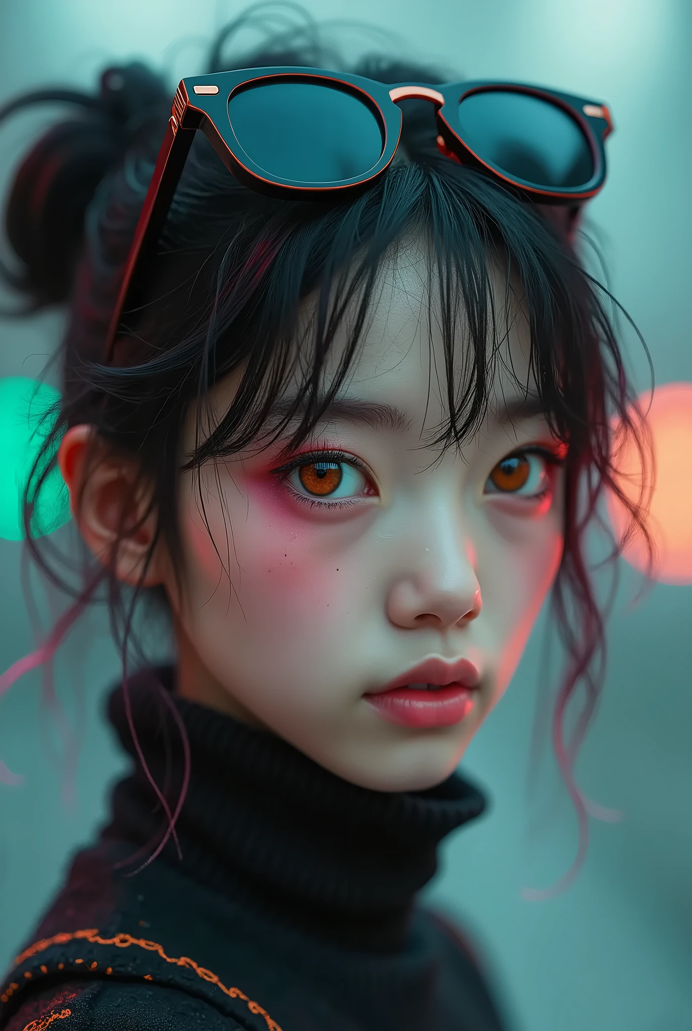 Colored inner hair, Sunglasses on the head, Amber eyes, Shy, Blush, suprerralistic, Motion blur,, macro photograph, 8K, Super detail, hyper HD, A high resolution, 16k,1girll