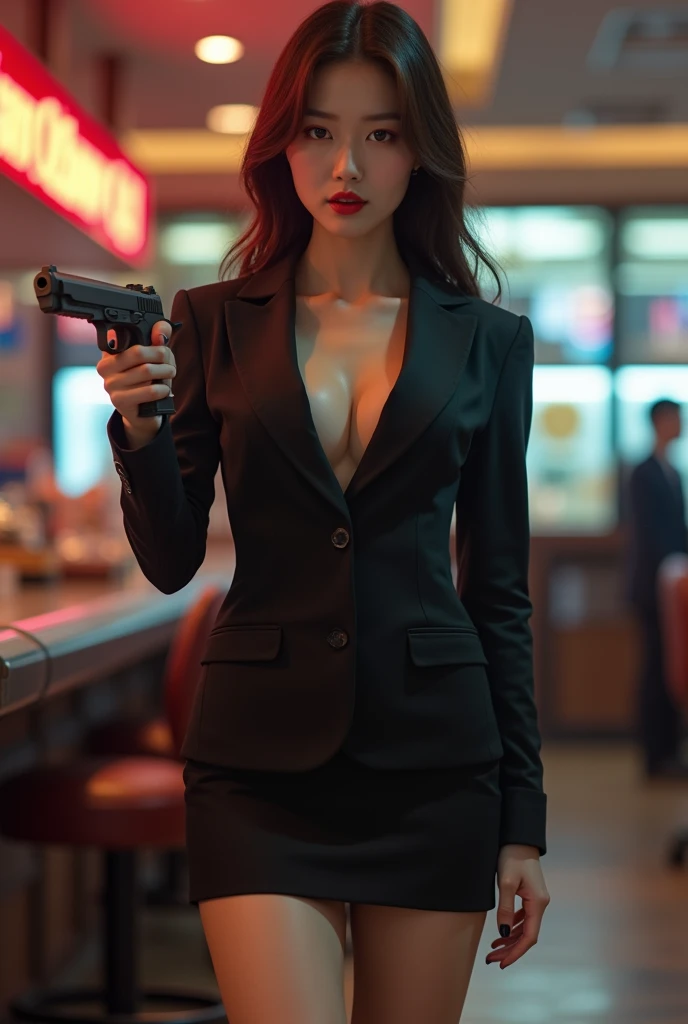 wide depth of field, wide depth of focus, f/11 lens setting, all objects in focus, full color image, woman two chrome pistols, holding 2 pistols, large fraternity house game room, full body image, (black long sleeve, shiny satin sleep shirt), woman posing with two pistols, long redhead hair, confidant smile, pure form, intricate details, 8K post-production, high resolution, super detailed, Popular topics on Artstation,, Studio photos, intricate details, Very detailed, she stands in the middle of the room and she is surrounded by a large pile of defeated men laying unconscious with closed eyes on the floor
