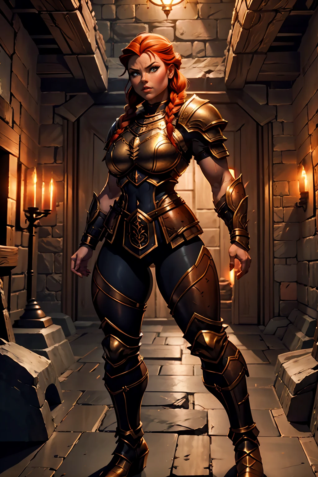 Stocky Ginger female dwarven adventurer, dramatic lighting, breastplate armor, long braided hair, fat, busty, standing in a dungeon, wide body, fat ass, pudgy, full plate armor, covered legs leather pants