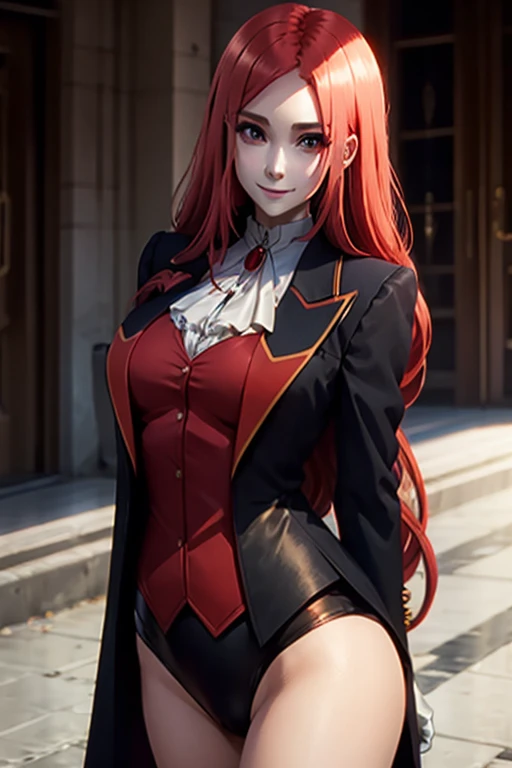 Mary in an elegant leotard, tailcoat, red eyes, red hair, long hair, calm smile