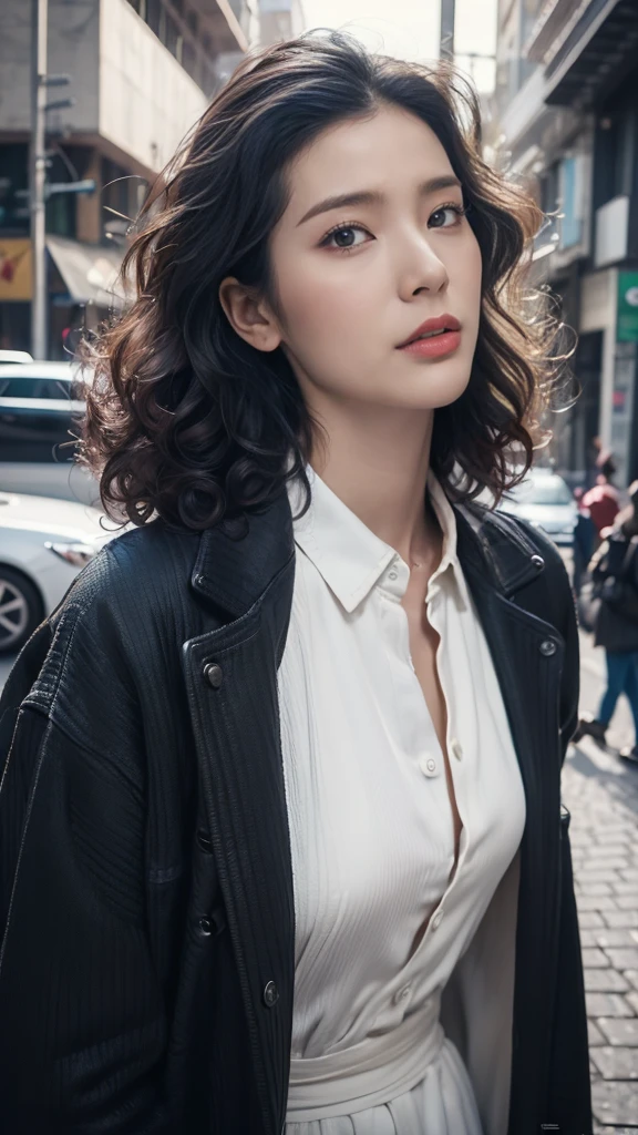 solo, High resolution, masterpiece, Anatomically correct, Winner of numerous awards, accurate, Very detailed, Ultra high definition, Textured skin, woman、Age 30、Black, unkempt, natural curls、Cool look、Tired look、tall、Scientist clothing、The background is street snap、Cowboy Shot, Looking at this、