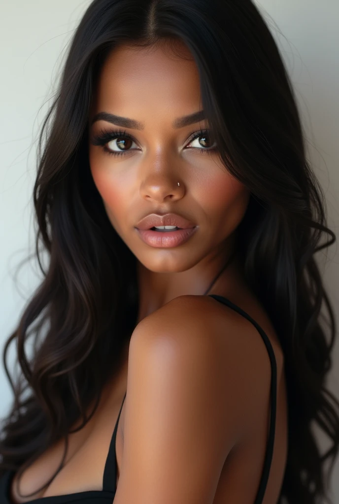 there is a black woman , the woman has curly black curly, she has brown skin, with dark brownish skin, with long curly, long black curly hair she is arching in her bed
