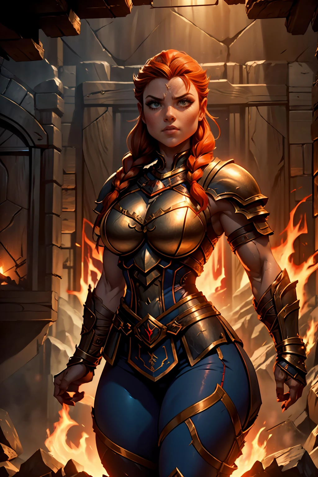 Stocky Ginger female dwarven adventurer, dramatic lighting, breastplate armor, long braided hair, fat, busty, standing in a dungeon, wide body, fat ass, pudgy, full plate armor, covered legs leather pants, close up, fire giant