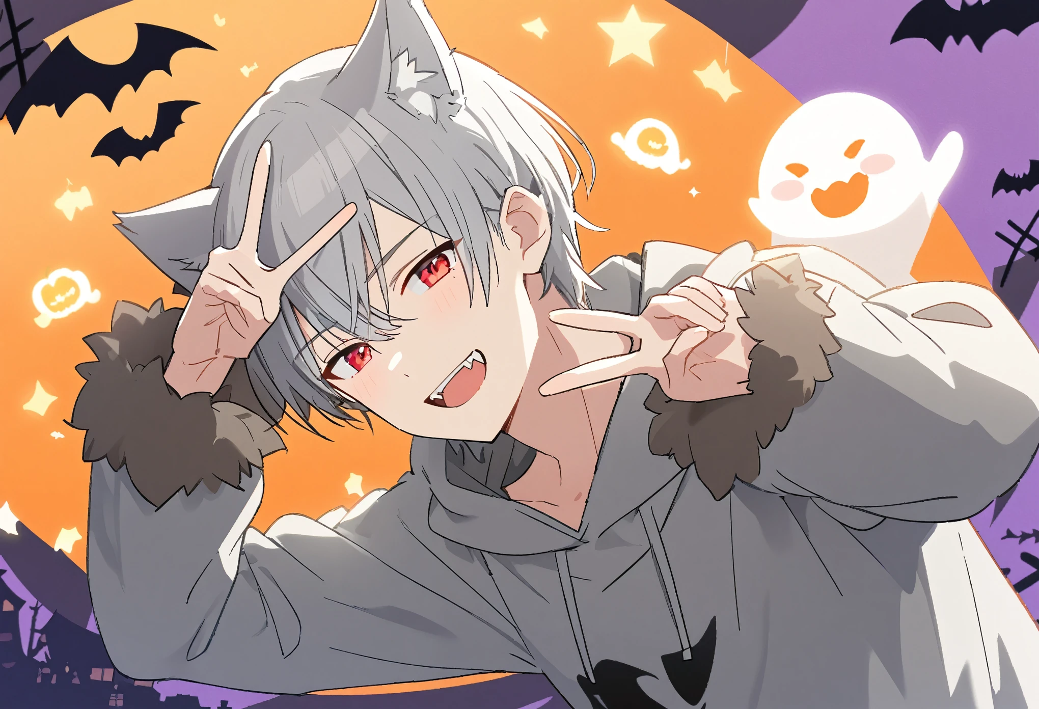 good looking, Alone, 1 male, Gray Hair, Red eyes, Long sleeve, Werewolf Cosplay, noon, White Light,cute目,Short hairstyle,cute,Halloween Background,Ghost Background,A sparkling view,bright,Looking at the camera,Making a peace sign,Halloween,Wolf clothing,Wolf costume