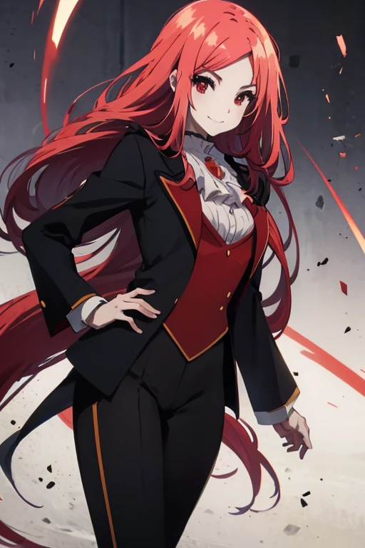 Mary in an elegant leotard, tailcoat, red eyes, red hair, long hair, calm smile