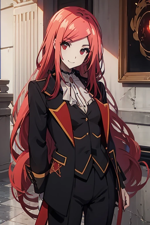 Mary in an elegant leotard, tailcoat, red eyes, red hair, long hair, calm smile