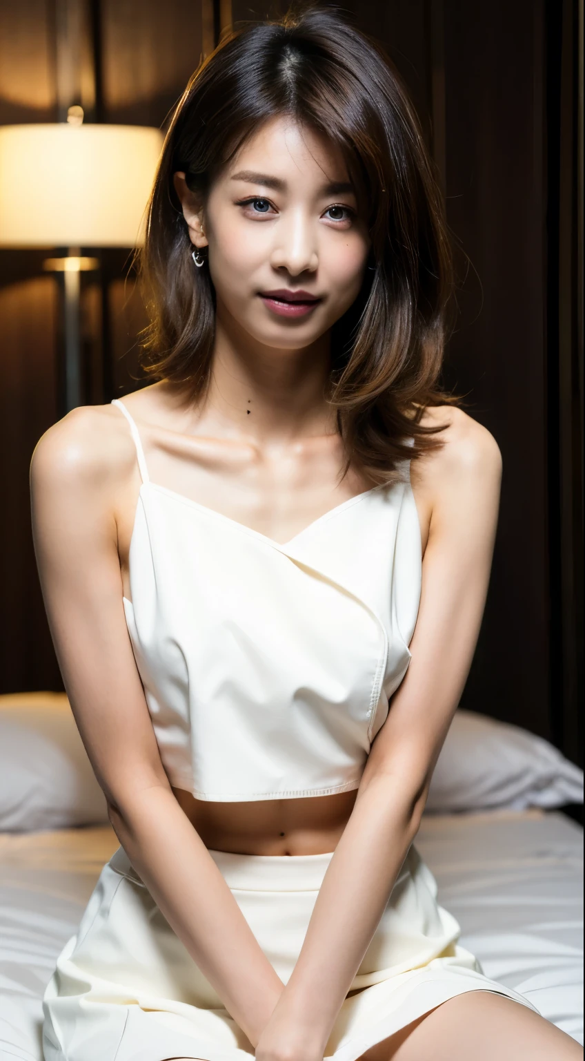 Araffe asian woman sitting on a bed in a white dress - SeaArt AI