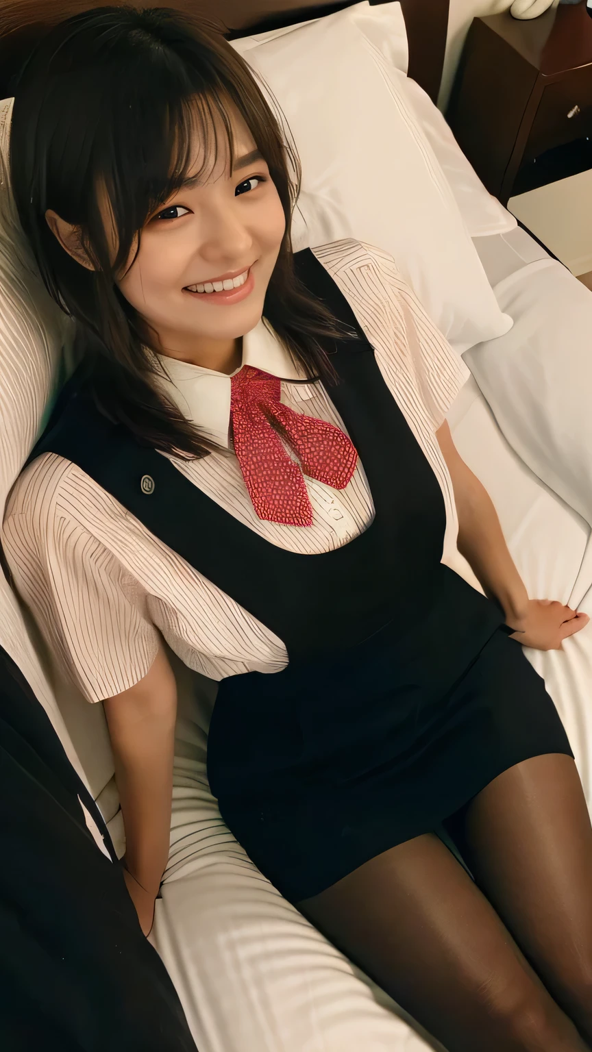 Best Quality、8k、masterpiece、Ultra-high resolution、Clear photo、Professional Lighting、Natural Light、Realistic,、Highly detailed skin、Perfect Anatomy、One Woman、Age 30、(Large Breasts)、Short Bob Hair、Brown Hair、Beautiful Hair、smile、(Squint your eyes and laugh:1.2)、((Star Uniform:1.1))、(Black vest、Short sleeve shirt、Red ribbon、tight black pencil skirt)、((Black Pantyhose))、In a luxury hotel bedroom、Sit on the bed、(((Full Body Shot:1.1)))