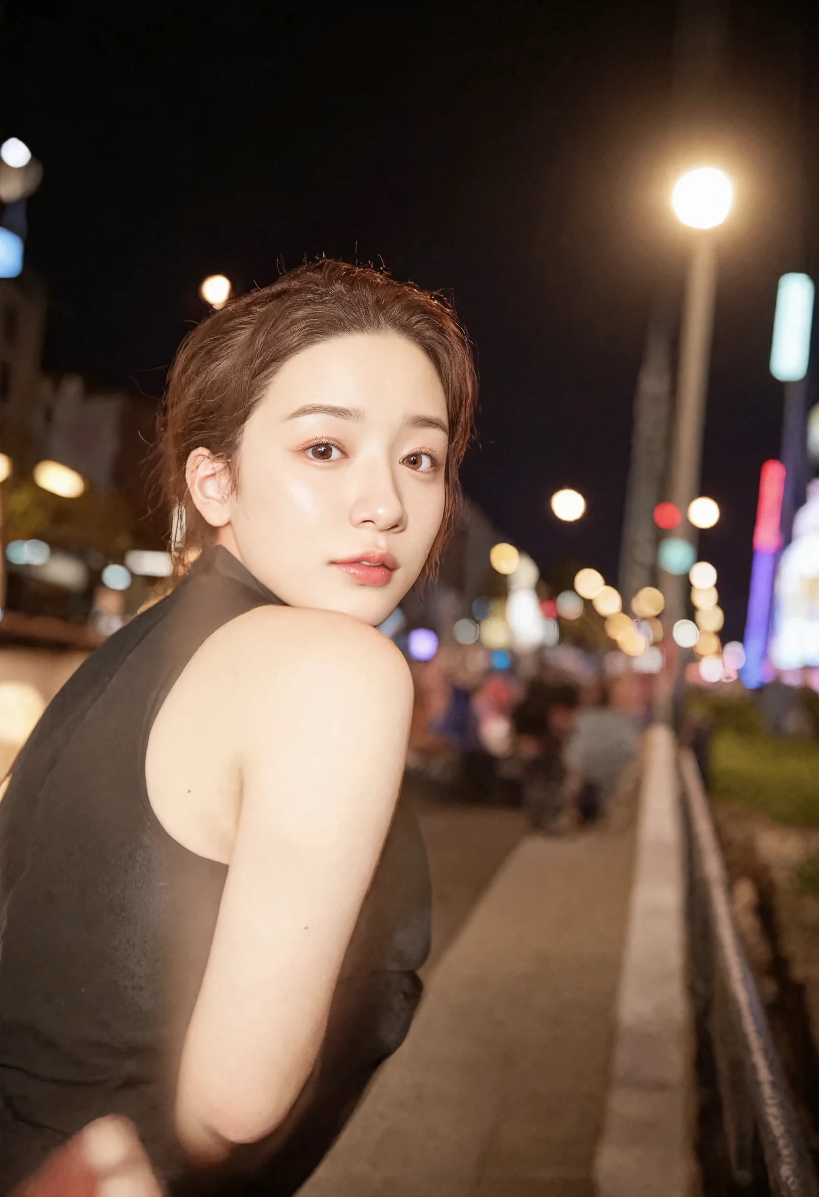 (Night view:1.3), (Spotlight effect:1.4), The light hits one side of the face、A soft shadow appears on the other side (Shading effect:1.5), The skin&#39;s luster is expressed realistically.、Subtle shine on the lips (Lip Gloss:1.2), The city lights reflecting in my eyes、The irises shine beautifully (Sparkle in the eyes:1.4), The hair stands out against a dark background.、Sharp outline (Hair Texture:1.2), The background is a blurred urban scene、Face stands out in the foreground (Background blur:1.3), HDR, Ultra-high resolution