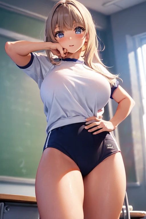 lighting like a movie、top-quality、embarrassed from、Woman in standing bikini、White Micro Bikini、Wearing sweat、full of sweat、school classrooms、a blond、open the legs widely、(thighs thighs thighs thighs:1.3)、Hands pose in front of the chest、Inner Stock、school classrooms、Sheer 、FULL BODYSHOT