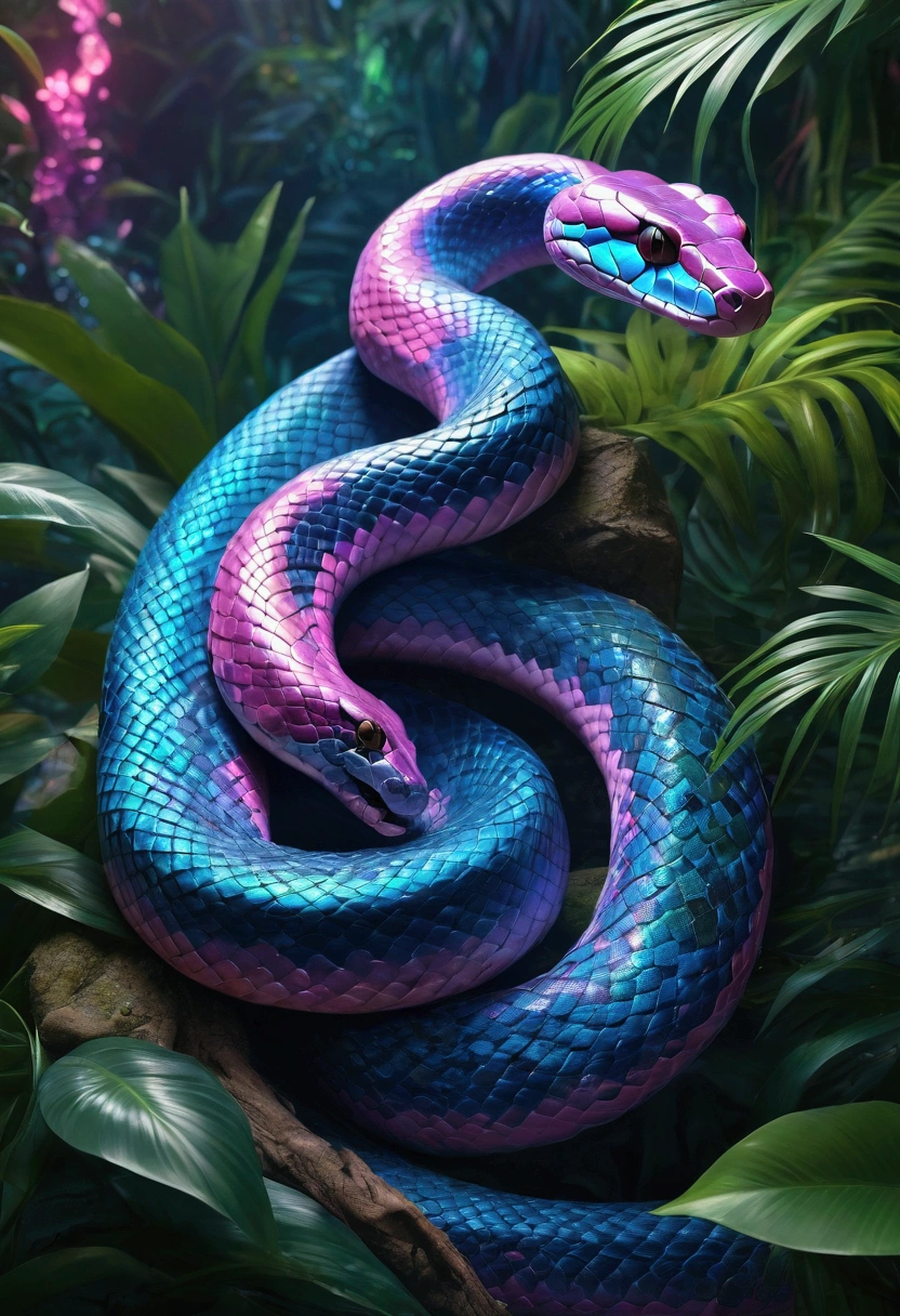 An iridescent blue and pink translucent sparkling blue flames shining glowing glittering opalescent mighty huge serpent snake, coiled and slithering through a lush, tropical foliage, with intricate scales and vibrant colors, (best quality,4k,8k,highres,masterpiece:1.2),ultra-detailed,(realistic,photorealistic,photo-realistic:1.37),extremely detailed snake, highly detailed scales, hyper realistic, cinematic lighting, vibrant colors, intricate patterns, lush vegetation, tropical environment, moody atmosphere hyper realistic greenery 