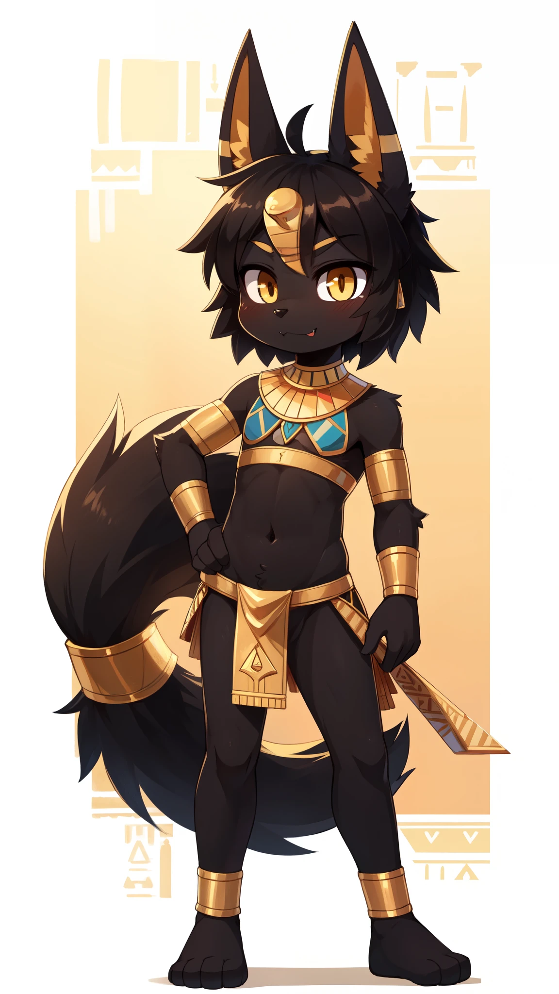 score_9,score_8_up,score_7_up, source_cartoon, source_furry, Anubis, Furry shota, jackal, black hair, short spiky hair, yellow eyes, detailed body fur, ((minuscule Egyptian antique clothes, cute sexy and almost naked, gold crop top)), masterpiece, looking at you, fangs, black body fur, detailed face, big eyebrows, detailed eyes, detailed body, detailed body fur, detailed hands, flat body, glistering body, shiny body, skinny, perfect lighting, perfect shadows, perfect eyes, perfect hair, perfect face, gorgeous body, solo, :3, full body, feets with three toes, white background, simple background, character A pose,