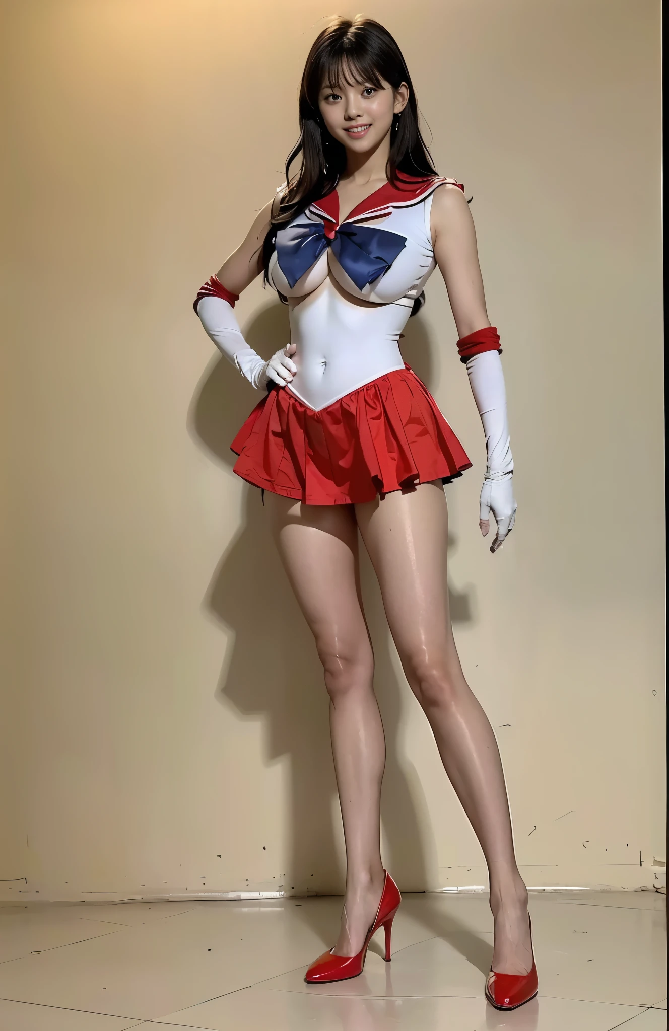 (top-quality)、 (masterpiece)、(Professional lighting with fewer shadows)、 (A hyper-realistic)、 (perfect anatomia)、
(There are two women in front of the camera), ( Huge breasts:1.3), (Bright and even whitening skin without wrinkles and steps), (Beautiful blue eyes with long eyelashes and red tear bags)、 (Her costume is naked, however, Only sailor collars are worn as small pieces of cloth:1.5), (Perform arched hip poses that emphasize the chest or buttocks forward or back:1.5), (Beautiful face in every detail),