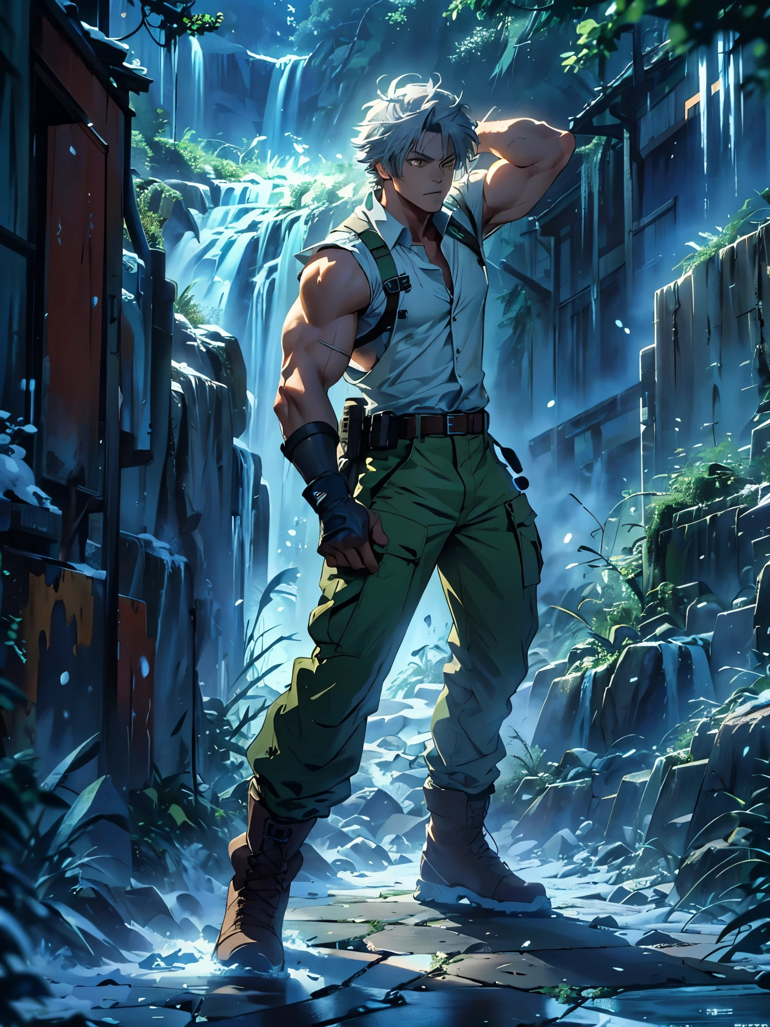 homem feiticeiro de 22 anos estilo anime 8k Rendering adulto, striking trait, cinematic, emanating ice energy, White and spiky hair, yellow eyes, Wearing a white button down shirt, wearing green pants, Wearing a brown belt, wearing brown boots, wearing half finger tactical gloves, wearing brown shoulder holster with a knife, Fighting stance, action scene, Create a forest background; ((improve the face)); ((high quality)); ((improve hands)); ((full body)); ((action scene)); ((fighting pose)); ((epic scene)); ((improve face)); ((improve hands)); ((full body)); ((gray hair)); ((Kento Nanami style)); ((dinner poster)); ((wearing tactical gloves)); ((full HD)); action scene, fight, scene poster, Fighting stance, ice energy being emanated, ((improve arms)), ((8k Rendering)), blue energy particles, snowflakes stretched around the body;