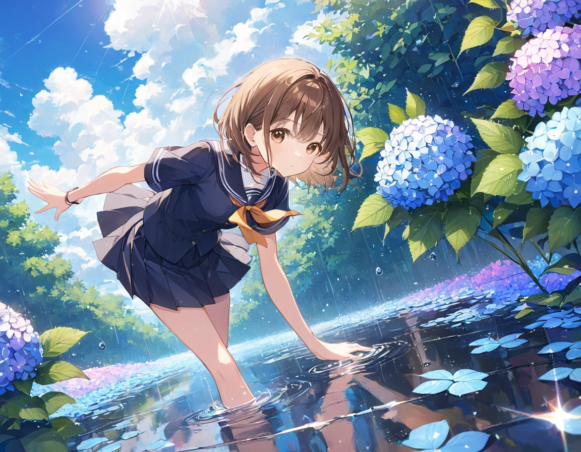 (Alone), cute (One girl) walk,path,[From below:1.2],Brown Hair,Short hair sign,Brown eyes,puddle,Water reflection,rain,Floating Droplets,Hydrangea,(Blurred foreground),Dynamic Angle,asphalt,(blue sky),Lens Flare,School uniform,(Sparkling:1.2)