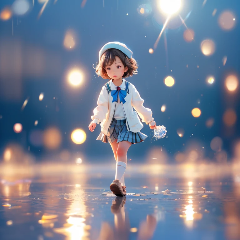 (Alone), cute (One girl) walk,path,[From below:1.2],Brown Hair,Short hair sign,Brown eyes,puddle,Water reflection,rain,Floating Droplets,Hydrangea,(Blurred foreground),Dynamic Angle,asphalt,(blue sky),Lens Flare,School uniform,(Sparkling:1.2)