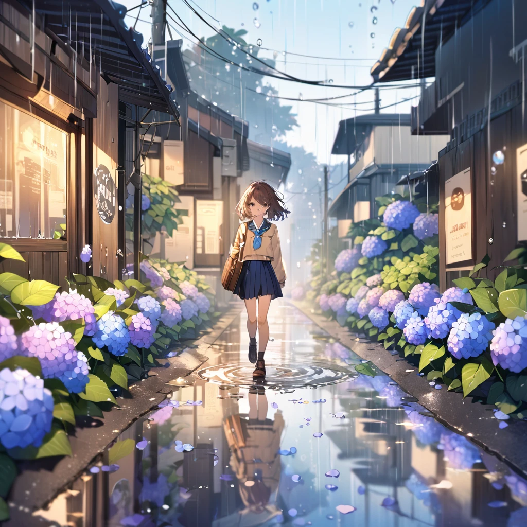 (Alone), cute (One girl) walk,path,[From below:1.2],Brown Hair,Short hair sign,Brown eyes,puddle,Water reflection,rain,Floating Droplets,Hydrangea,(Blurred foreground),Dynamic Angle,asphalt,(blue sky),Lens Flare,School uniform,(Sparkling:1.2)