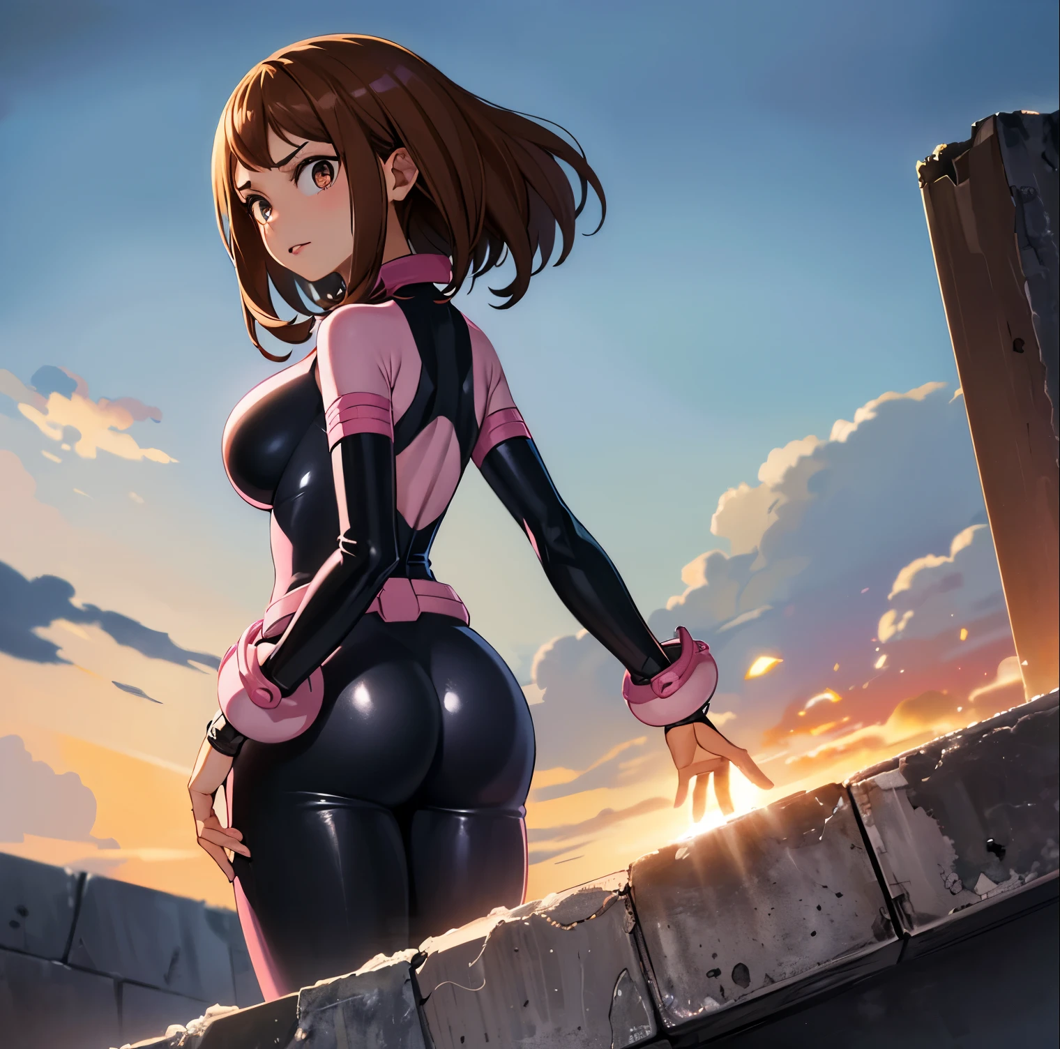 ((1girl)),((alone)),ochako Uraraka, \(Boku no hero academia\),(masterpiece), (best quality), (ultra detailed), (best illustration), (best shadow), ( absurdities), sharp focus, cowboy shot, atmospheric perspective, depth of field, dynamic posture, ((looking at viewer)), large breasts, narrow waist, wide hips, medium thighs, round butt, erotic, romantic, (very detailed, lips 1.1), highly detailed eyes, eyes, Highly detailed face, Very beautiful face, Symmetrical face, Aesthetic face, perfect face, perfect eyes, detailed eyelashes: 1.5), full height, beautiful slim figure, femininity, expressive appearance, stretchy big breasts, sexuality, parted lips, brown eyes, shiny lips, brown hair, medium hair, shiny skin,((superhero costume)),(((pink and black jumpsuit, tight jumpsuit))), pink protector, boots roses, pink wristbands, cowboy photo, curves, defined body, perfect and beautiful body, perfect and beautiful, calm look, closed mouth, ((stoic expression)), (sexy pose: 1.2), standing :1.3, ((solo )),((, outside, cityscape, streets, city, buildings, cloudy weather, clouds, debris, collapsed buildings, smoke)), Looking back ,from behind,(( focus on butt:1.4)), period view: (from below), perfect anatomy, perfect hands