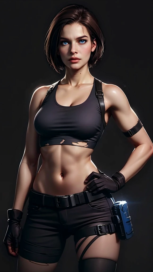 JillValentine, (torn tank top:1.2), small breast, pants, belt, fingerless gloves, shoulder holster, thigh strap, ((wipe hips)), (masterpiece, best quality:1.2), (simple dark background:1.5)
