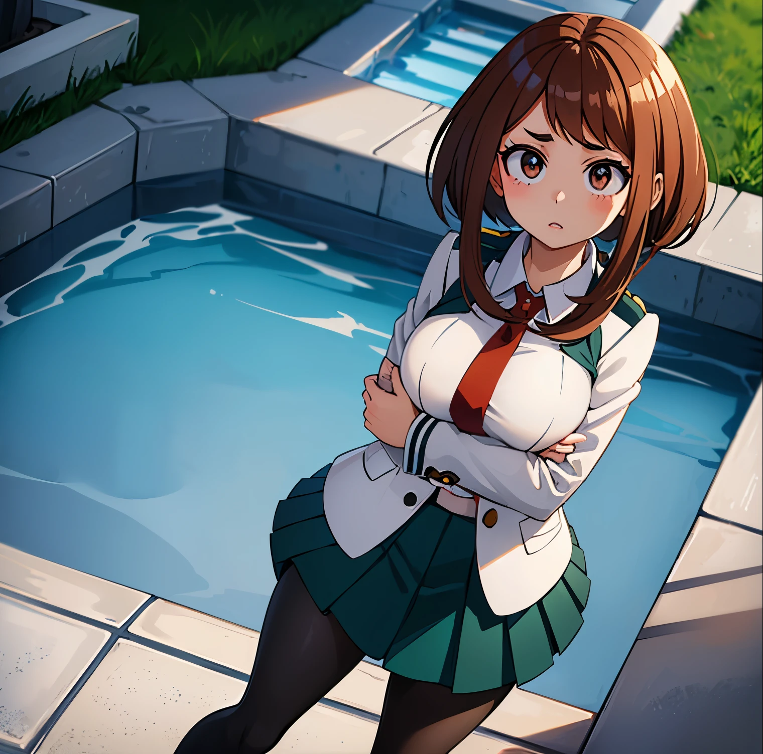 ((1girl)),((alone)),ochako Uraraka, \(Boku no hero academia\),(masterpiece), (best quality), (ultra detailed), (best illustration), (best shadow), ( absurdities), sharp focus, cowboy shot, atmospheric perspective, depth of field, dynamic posture, ((looking at viewer)), large breasts, narrow waist, wide hips, medium thighs, round butt, erotic, romantic, (very detailed, lips 1.1), highly detailed eyes, eyes, Highly detailed face, Very beautiful face, Symmetrical face, Aesthetic face, perfect face, perfect eyes, detailed eyelashes: 1.5), full height, beautiful slim figure, femininity, expressive appearance, elastic big breasts, sexuality, parted lips, brown eyes, shiny lips, brown hair, medium hair, shiny skin, blush stickers, ((school uniform)), ((green skirt)), ((pleated skirt)), ( (red tie)),((black pantyhose)), ((white shirt)), long sleeves,((gray jacket)),cowboy photo,curves, defined body,Perfect and beautiful body, perfect and beautiful, calm look ,mouth closed,((stoic expression)),(sexy pose: 1.2), standing :1.3,(solo)),((, outside, school landscape, Japanese school, courtyard, fountain, cherry trees)), Looking facing forward,((focus on breasts:1.4)), point of view:(from above), perfect anatomy, perfect hands