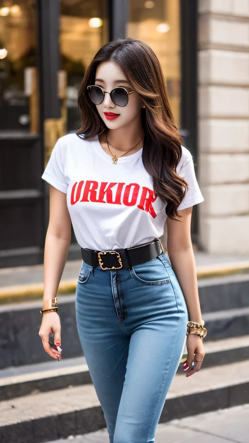 A woman wearing a white shirt and jeans walking down a street - SeaArt AI