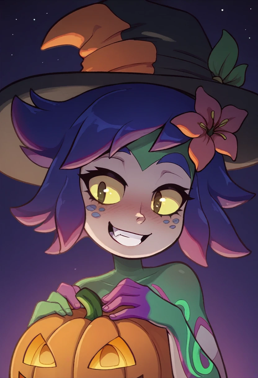 Neeko, a close up of a person in a bruja costume with pumpkins, bruja girl, en un estilo de halloween, arte de estilo de halloween, portrait of a young bruja girl, Noche de Halloween, Truco o trato, Tema de Halloween, celebración de Halloween, bright bruja, classical bruja, arte de salpicadura de anime , spooky Tema de Halloween, scarry but bebrujaing, portrait of a young bruja, bruja