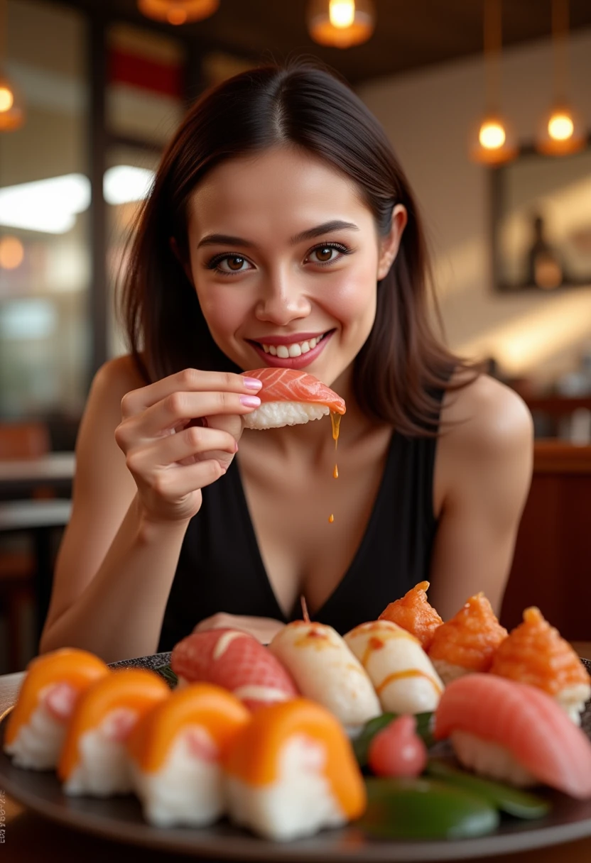 masterpiece, best quality, 8k, highres, ultra-detailed,HDR, UHD, studio lighting, ultra-fine painting, sharp focus, physically-based rendering, extreme detail description, professional, vivid colors,Japan restaurant、Girl eating sushi、Hand grab、casual、Happy expression、Half an eye、Soy sauce on your face,maguro sushi