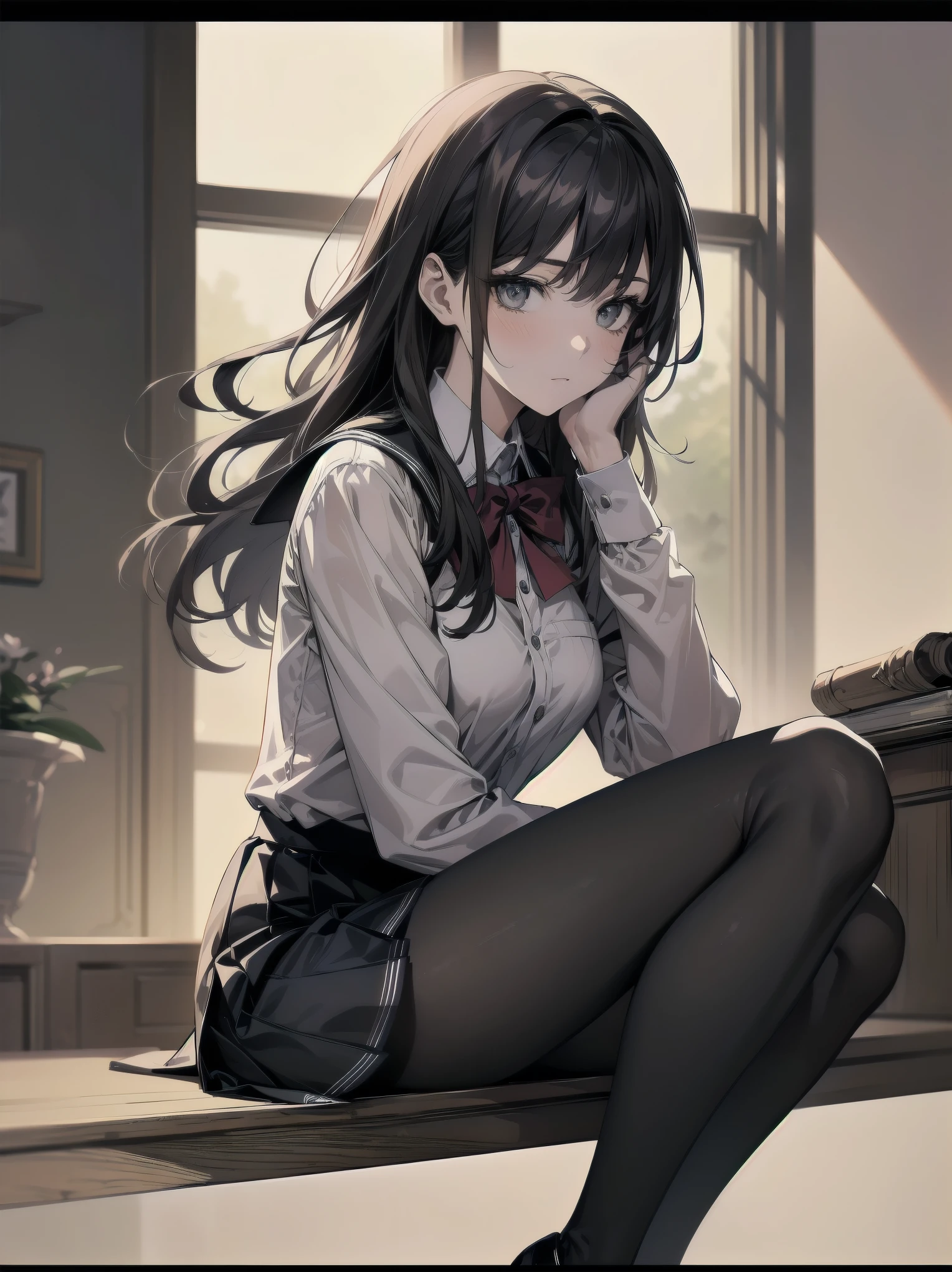 a woman, 19-years-old, solo, mature face, average height, tan skin, (long black wavy hair that's parted in the middle:1.2), no bangs, brown eyes, white formal shirt, gray pleated skirt, red necktie, black pantyhose, sitting on top of bed, dark room, low lighting, knees up, hugging knees