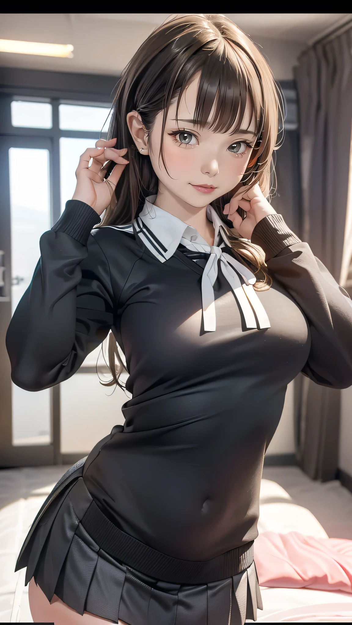 (masterpiece, Highest quality, NSFW), Correct hand shape, Correct finger shape, Correct leg shape, Beautiful details fingers, Beautiful details hands, Beautiful details legs, Beautiful details, Beautiful details face, Beautiful details body, Beautiful details eyes, Professional Anime, Beautiful lighting, Ultra-fine illustrations, Glowing Skin, Beautiful details skin, From below, young, (JK Fashion Dark Blue:1), (Wearing a blazer:1.2), (Wearing a white shirt:1.3), (Black Bra, Cleavage), Wear a pleated skirt, (The ribbon on the chest is blue.), (Hands down:1.2), (Are crying:1.2), (Ahegao:1.4), Big Breasts, Tight waist, Ponytail Hair, Black Hair, iris, (Man and woman having sex:1.5), One person is sitting crouched down, (penis), (Pussy juice:1.3), View your audience