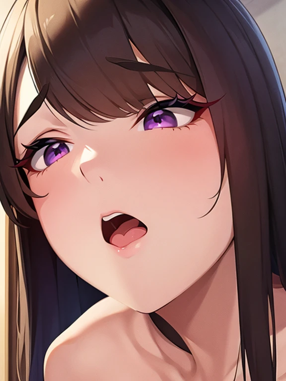 Anime style, from above, A beautiful woman on knees, infront of a man's dick, tongue rapped around dick, her extremely long tongue rapped around a  man's dick, perfect breast, beautiful seductive eyes, she is directly looking at the viewer, wavy hair, high quality, detailed, elegant, sensual, chiaroscuro lighting, warm tones, anime