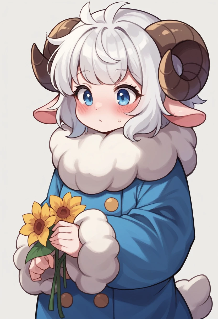 (masterpiece),, best quality, expressive eyes, perfect face, blushing, best female bodies, small breasts, top-notch tits, Demi-human Sheep, Species: Sheeppeople, Age: 13, Height: 5'0" (150  cm), Hair: Fluffy white like wool, Eye color: Light blue, Skin tone: Pale, Wool color: White, Small and soft build, Cute ram-like horns curled on her head, Fluffy white hair adorned with a small golden flower  , Big bright blue eyes, Floppy sheep ears with soft white fur, Wool covers her neck and shoulders like a cozy scarf, Wears a light blue dress with white flower patterns on it, Showing off her woolly arms and legs, and a small wavy tail  on her back, sucking big cock