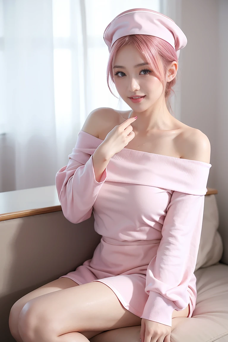 8k, highest quality, pieces fly:1.2), (realistic:1.4), RAW photo, highest quality, ultra high resolution　Beautiful woman　beautiful butt　　huge breastsの谷間　thin eyebrows　on the bed　(huge breasts:1.2) 　silver hair　silver blonde　gray hair　 Pink clothes that make your body line look beautiful　pink see-through off-shoulder knit　Japanese　sexy　2 limbs　close both eyes　open your legs　pink see-through shorts　sleep on your side　sleep on your stomach　sleep on your back　alone　short back　emphasize the buttocks　