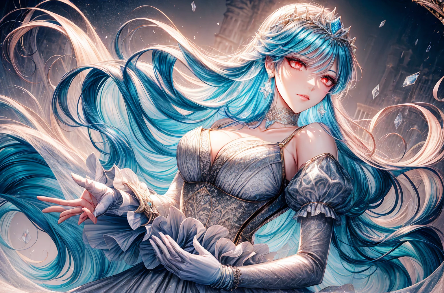 (((shoujo-style))), (romance manhwa), frostedstyle, 1girl, cyan hair, solo, long hair, frozen, ice, crystalline, dress, tiara, white dress, gloves, long sleeves, choker, red eyes, mascara, makeup, elbow gloves, bow, floating hair, bra, jewelry, looking at viewer, collarbone, puffy sleeves, golden accessories, upper body, parted bangs, very long hair, black dress, frills, bangs, closed mouth, outdoors, detailed eyes, dynamic cut,