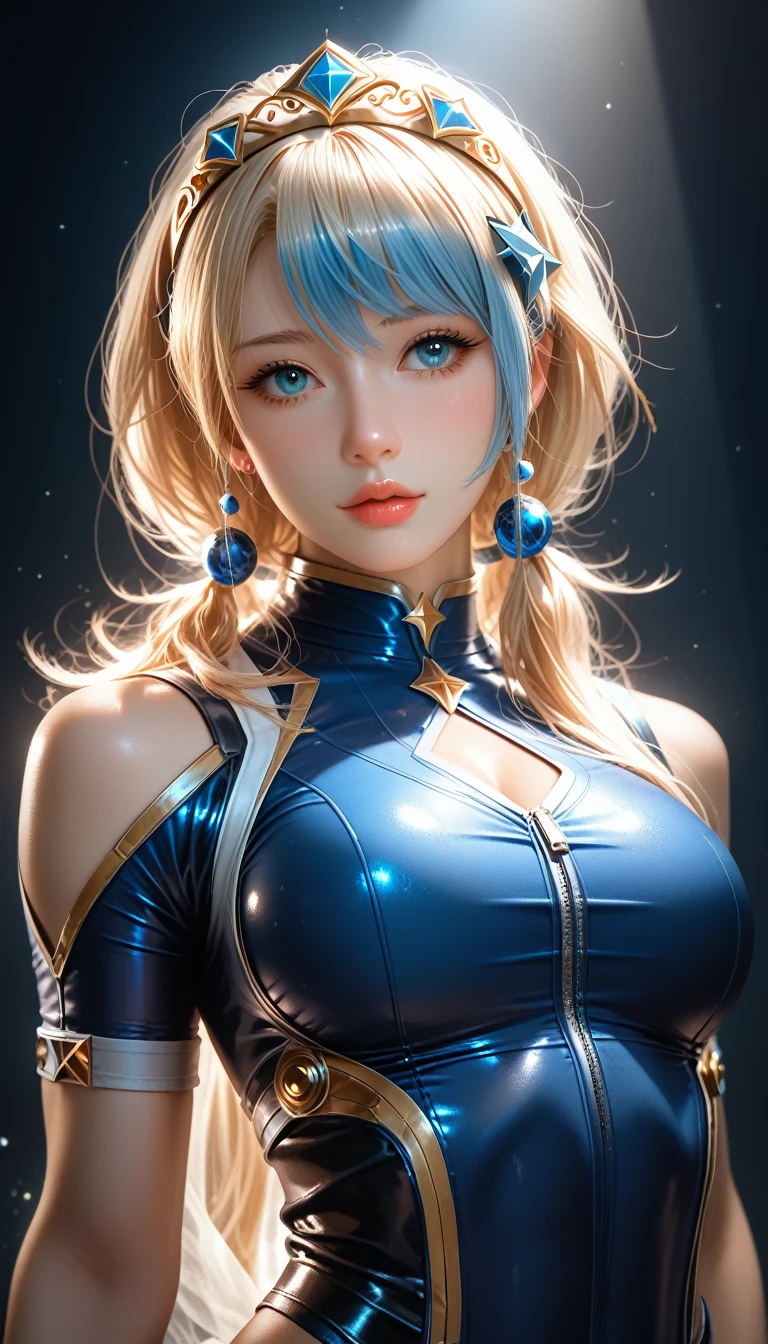 ( Masterpiece, 4k resolution, ultra-realistic, very detailed) Sexy star sapphire cosmic super heroine (wears a tiara/headband) photography by artgerm, in the style of realism, glistening skin, cartooncore, mangacore, natural lighting, Defined full lips. Muscular fitness feminine body (In space) (bondage) (nsfagged)