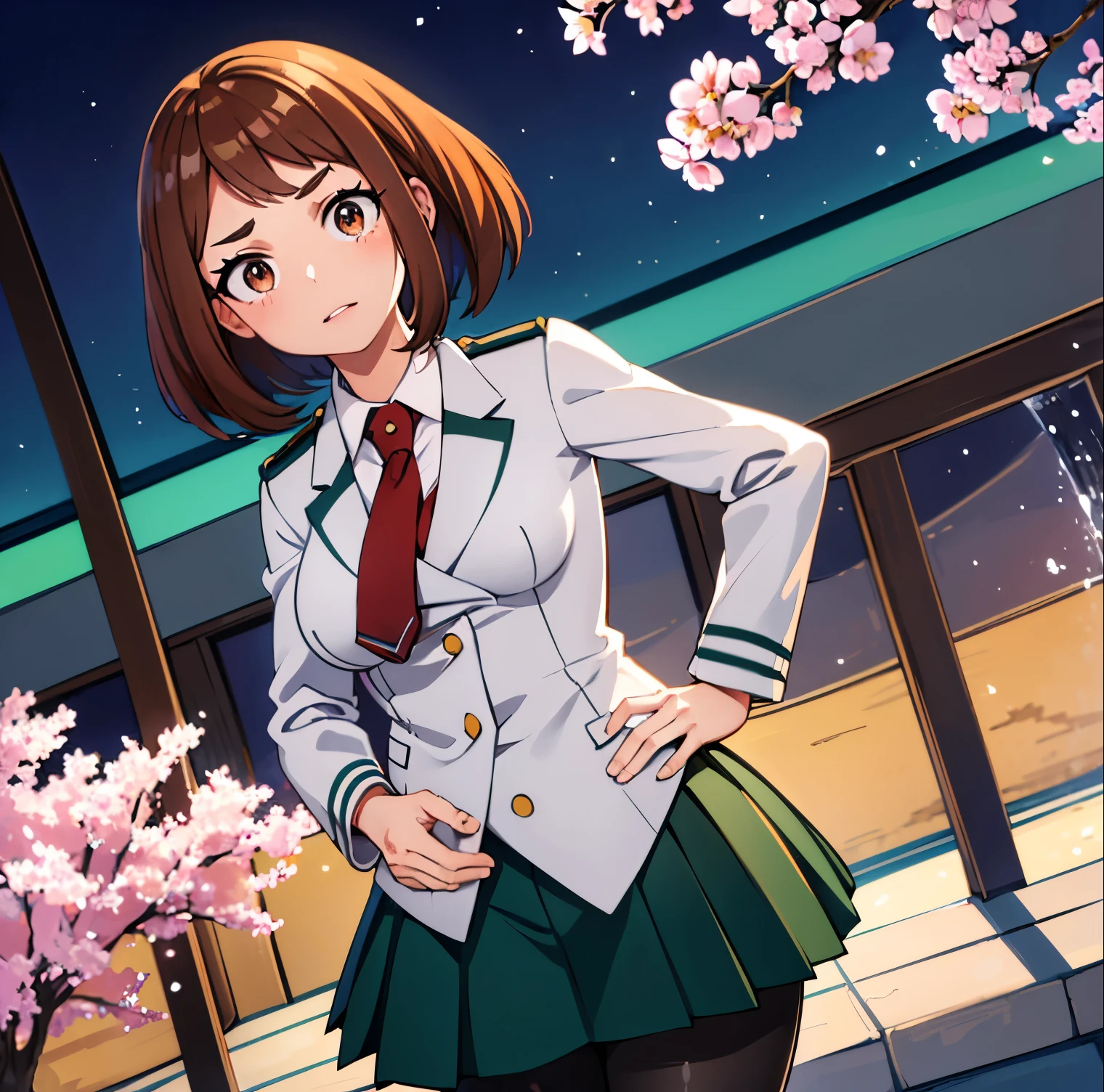 ((1girl)),((alone)),ochako Uraraka, \(Boku no hero academia\),(masterpiece), (best quality), (ultra detailed), (best illustration), (best shadow), ( absurdities), sharp focus, cowboy shot, atmospheric perspective, depth of field, dynamic posture, ((looking at viewer)), large breasts, narrow waist, wide hips, medium thighs, round butt, erotic, romantic, (very detailed, lips 1.1), highly detailed eyes, eyes, Highly detailed face, Very beautiful face, Symmetrical face, Aesthetic face, perfect face, perfect eyes, detailed eyelashes: 1.5), full height, beautiful slim figure, femininity, expressive appearance, elastic big breasts, sexuality, parted lips, brown eyes, shiny lips, brown hair, medium hair, shiny skin, blush stickers, ((school uniform)), ((green skirt)), ((pleated skirt)), ( (red tie)),((black pantyhose)), ((white shirt)), long sleeves,((gray jacket)),cowboy photo,curves, defined body,Perfect and beautiful body, perfect and beautiful, calm look ,mouth closed,((stoic expression)),(sexy pose: 1.2), standing :1.3,((solo)),((, outside, school landscape, Japanese school, courtyard, fountain, cherry trees)), Looking facing forward,((focus on hips:1.4)), point of view:(from below), perfect anatomy, perfect hands
