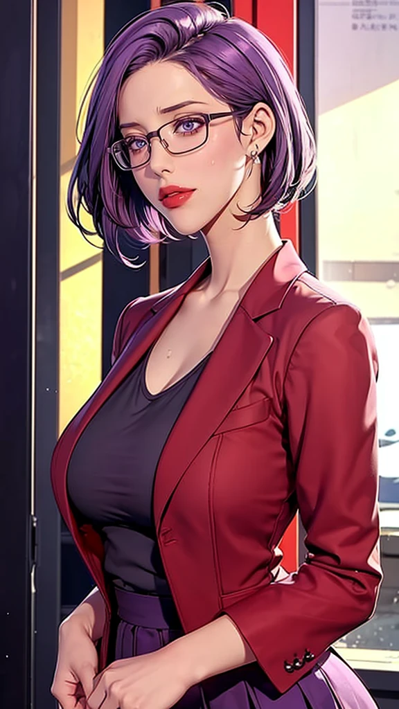 （（（perfect figure，figure，Red Blazer， gray shirt，hip-covering skirt（（（JMT,Glasses,purple hair,short hair,purple eyes,MiJungdef，purple eyes，purple hair，medium hair，）））型figure:1.7））），((masterpiece)),high resolution, ((Best quality at best))，masterpiece，quality，Best quality，（（（ Exquisite facial features，looking at the audience,There is light in the eyes，Happy，nterlacing of light and shadow，huge boobs））），（（（looking into camera，)）））