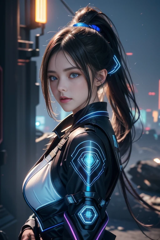 Game Art，Best image quality，Highest Resolution，8k，((Bust photo))，((Portraiture))，(Three-part method)，UNREAL ENGINE 5 RENDERING， (Future Girl)，(Woman warrior)，2 Girls，(Red and blue gradient long ponytail hairstyle)，(Beautiful eyes with attention to detail)，(Big Breasts)，Elegant and attractive，smile，(Frowning)，(Clothes filled with futuristic sci-fi style，sweater，Delicate pattern，Shining Jewels，armor)，Cyberpunk Character，Futuristic Style， Photo pose，City Background，Cinema Lighting，Ray Tracing，Game CG，((3d unreal engine))， Reflective pattern rendering of exposed breasts、