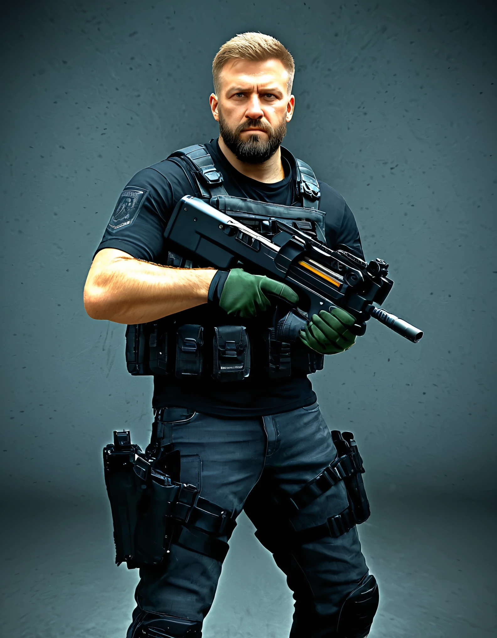 Masterpiece, best quality, high res, 8k, male focus, 1male, solo, solo focus, a mercenary with an FN P90.