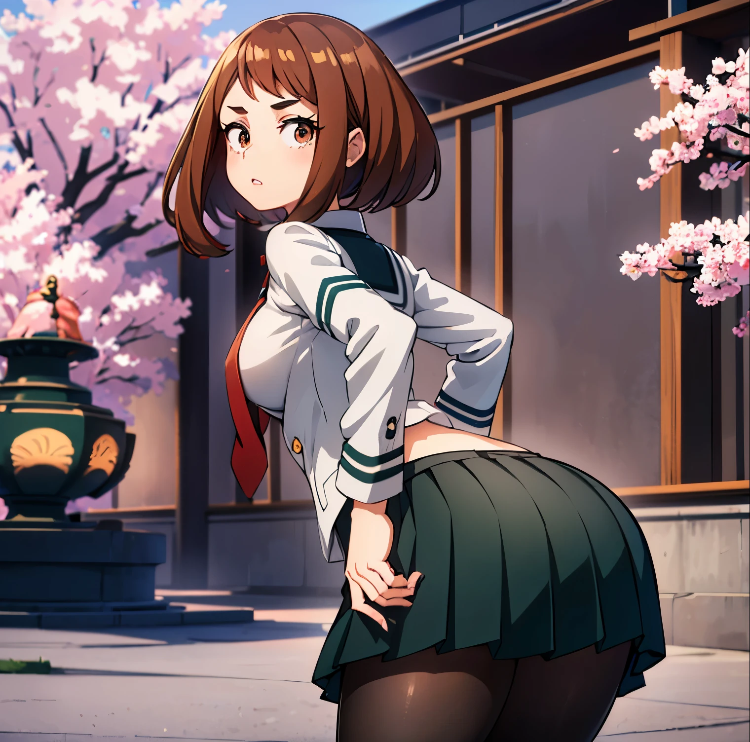 ((1girl)),((alone)),ochako Uraraka, \(Boku no hero academia\),(masterpiece), (best quality), (ultra detailed), (best illustration), (best shadow), ( absurdities), sharp focus, cowboy shot, atmospheric perspective, depth of field, dynamic posture, ((looking at viewer)), large breasts, narrow waist, wide hips, medium thighs, round butt, erotic, romantic, (very detailed, lips 1.1), highly detailed eyes, eyes, Highly detailed face, Very beautiful face, Symmetrical face, Aesthetic face, perfect face, perfect eyes, detailed eyelashes: 1.5), full height, beautiful slim figure, femininity, expressive appearance, elastic big breasts, sexuality, parted lips, brown eyes, shiny lips, brown hair, medium hair, shiny skin, blush stickers, ((school uniform)), ((green skirt)), ((pleated skirt)), ( (red tie)),((black pantyhose)), ((white shirt)), long sleeves,((gray jacket)),cowboy photo,curves, defined body,Perfect and beautiful body, perfect and beautiful, calm look ,mouth closed,((stoic expression)),(sexy pose: 1.2), standing :1.3,((solo)),((, outside, school landscape, Japanese school, courtyard, fountain, cherry trees)), Looking back,from behind,((focus on ass:1.4)), point of view:(from Middle), perfect anatomy, perfect hands